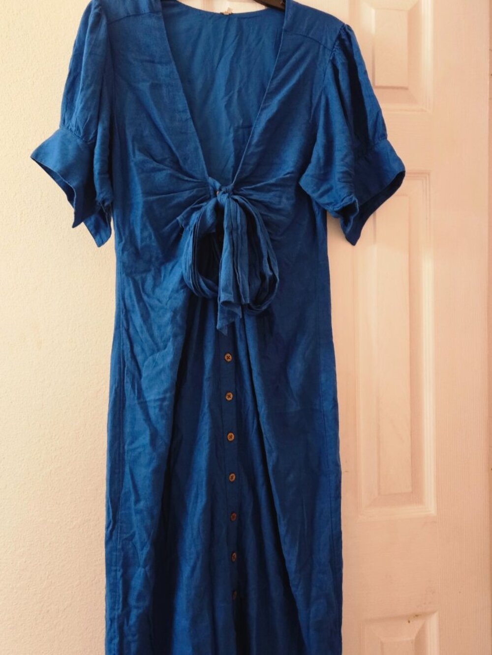 Free People boho Cottagecore linen maxi button down puff sleeve teal dress M - Picture 5 of 8